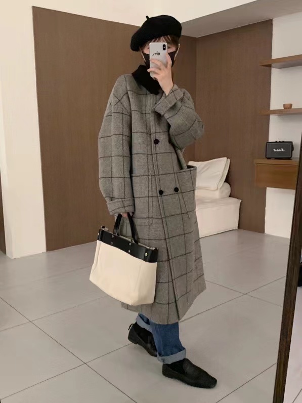 Plaid two-sided cashmere retro overcoat