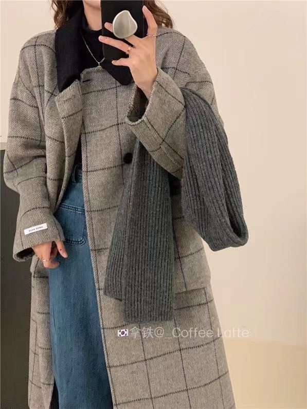 Plaid two-sided cashmere retro overcoat