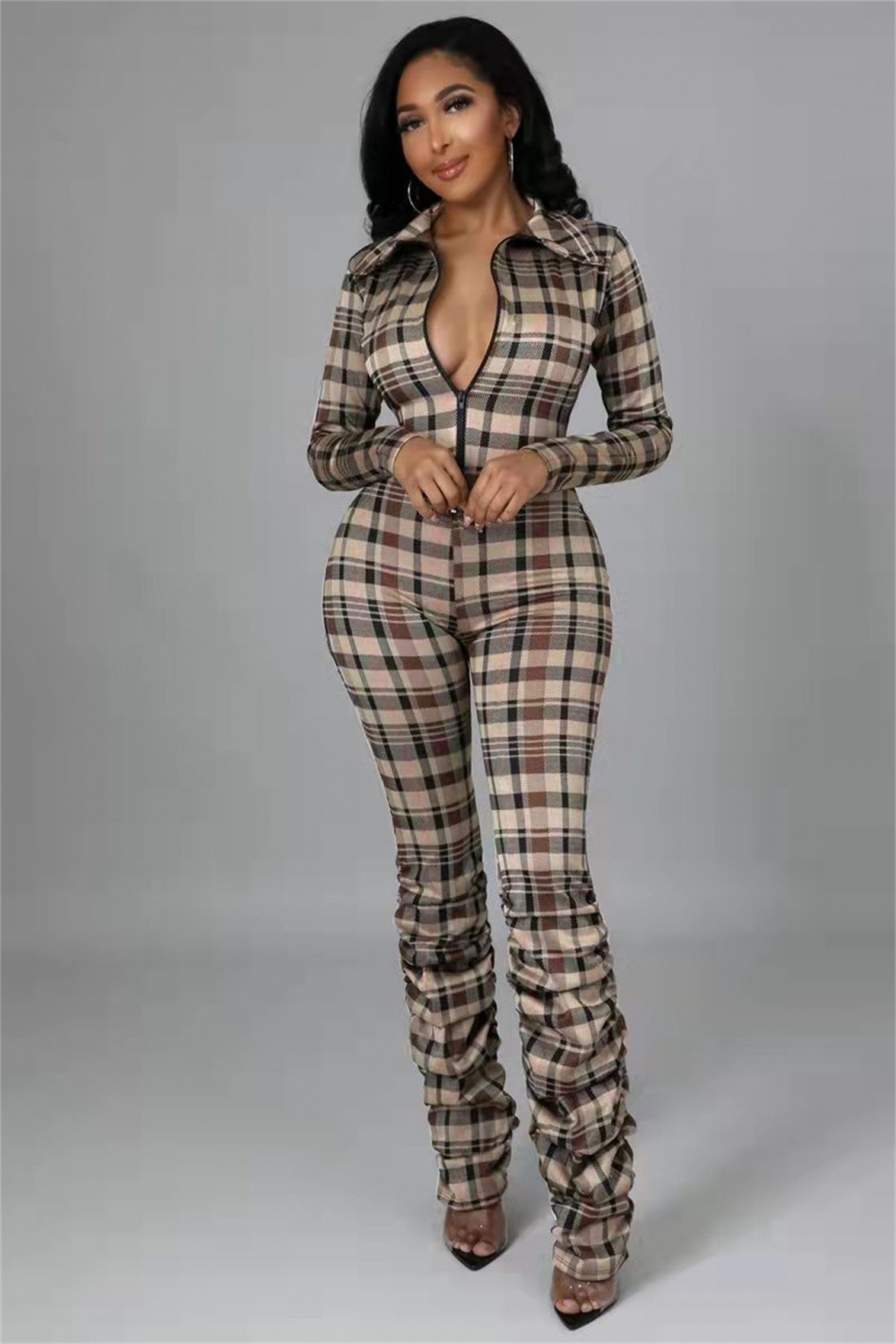 European style slim jumpsuit fold plaid leotard for women