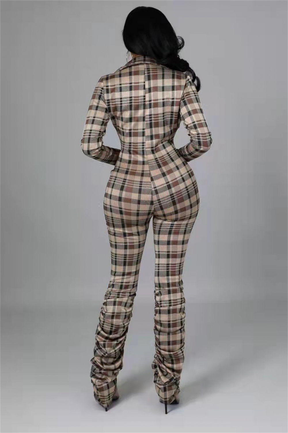 European style slim jumpsuit fold plaid leotard for women