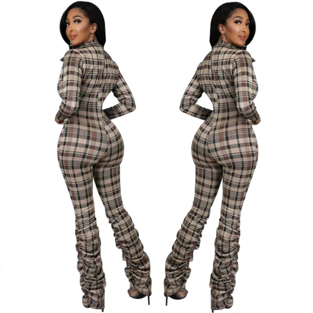 European style slim jumpsuit fold plaid leotard for women