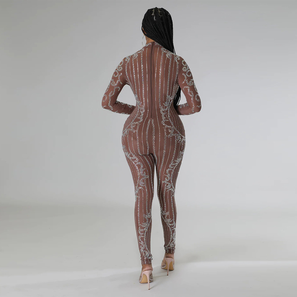 Rhinestone show thin European style long sleeve jumpsuit for women