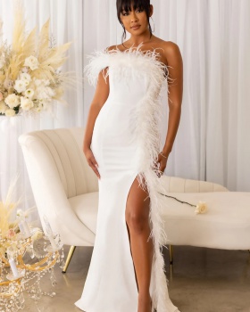 Feather flat shoulder formal dress slit long dress
