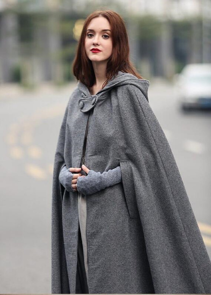 Hooded European style woolen coat lengthen cloak