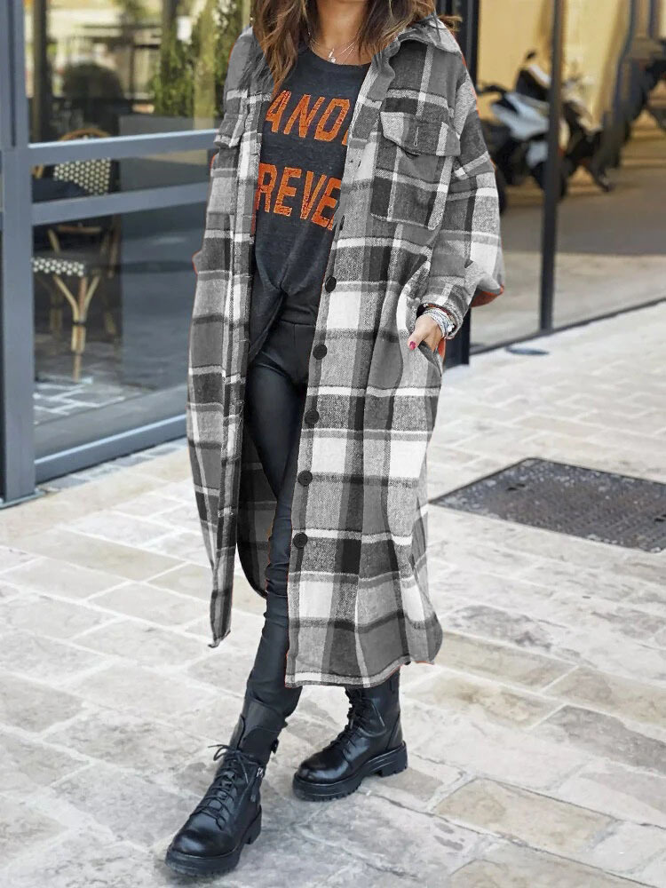 Lengthen windbreaker plaid coat for women