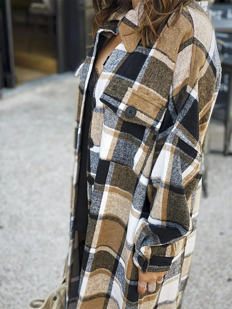 Lengthen windbreaker plaid coat for women