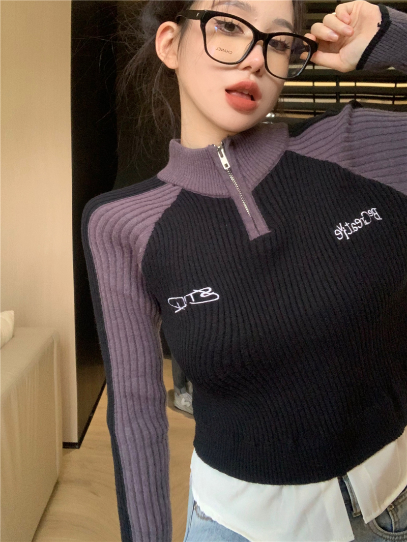 Short slim sweater splice tops for women