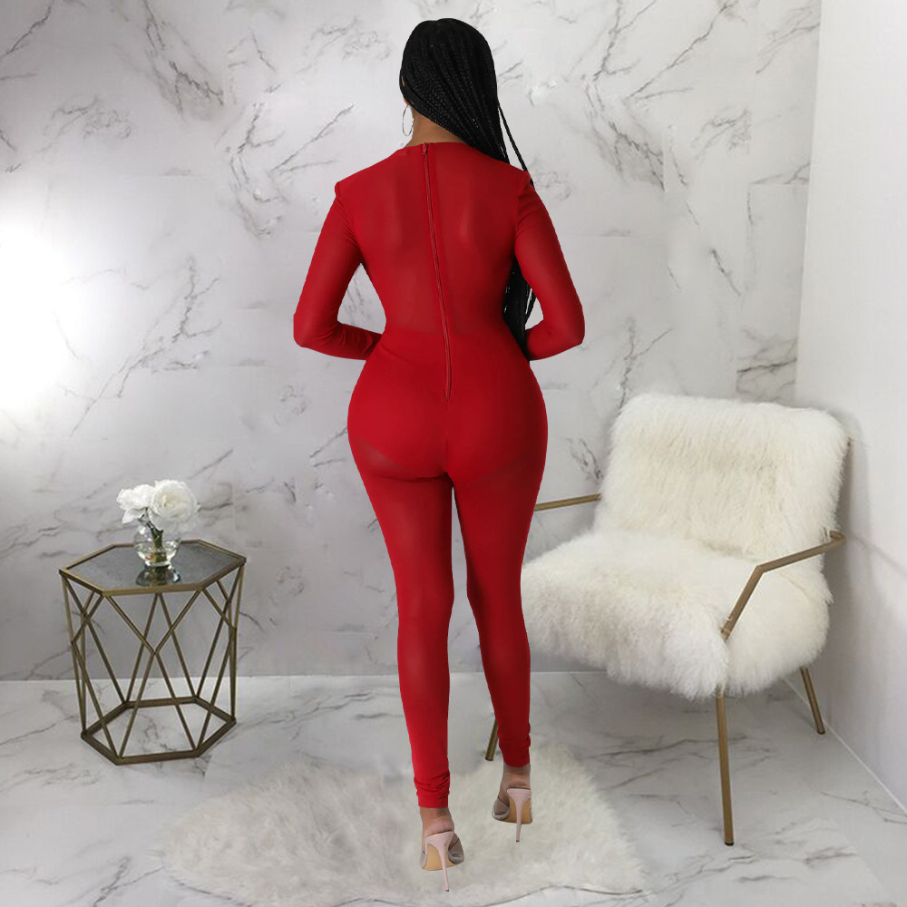 Perspective V-neck jumpsuit European style tight pants