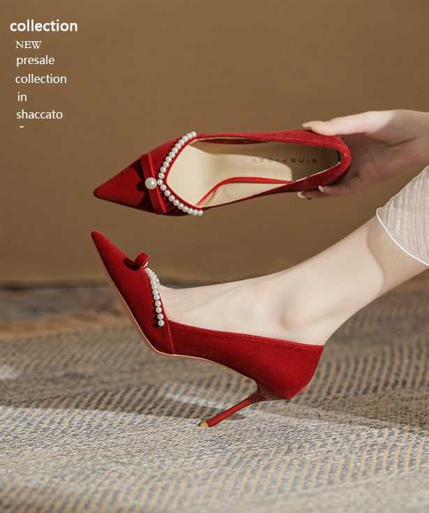 Pearl wear shoes low pointed high-heeled shoes