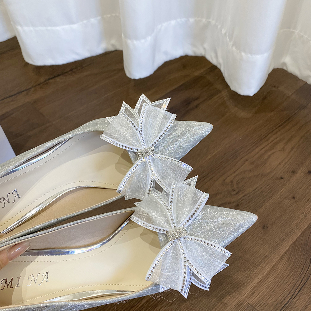 Pointed bow wedding shoes silver high-heeled shoes for women