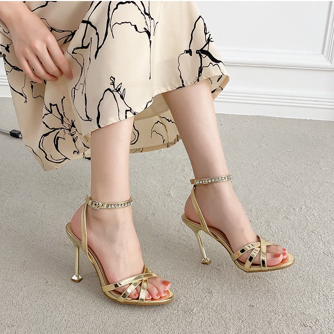 High-heeled gold plating rhinestone cingulate sandals