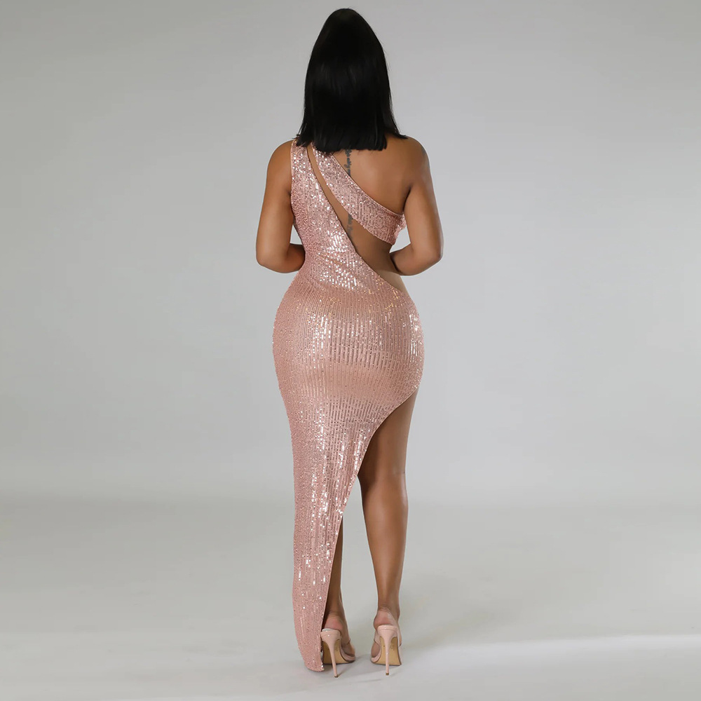 Sloping shoulder sequins perspective slim dress for women