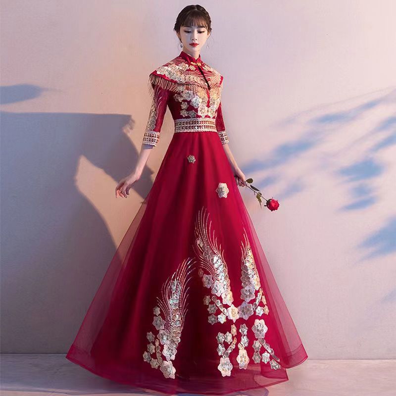 Bride Chinese style evening dress wine-red formal dress