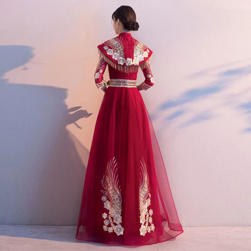 Bride Chinese style evening dress wine-red formal dress