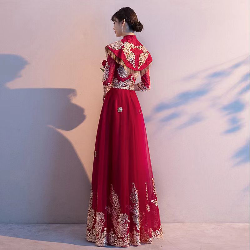 Wedding bride banquet wine-red long slim evening dress