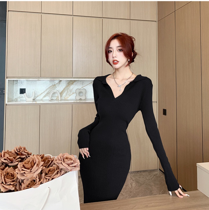 Long V-neck bottoming sweater dress tight knitted sexy dress