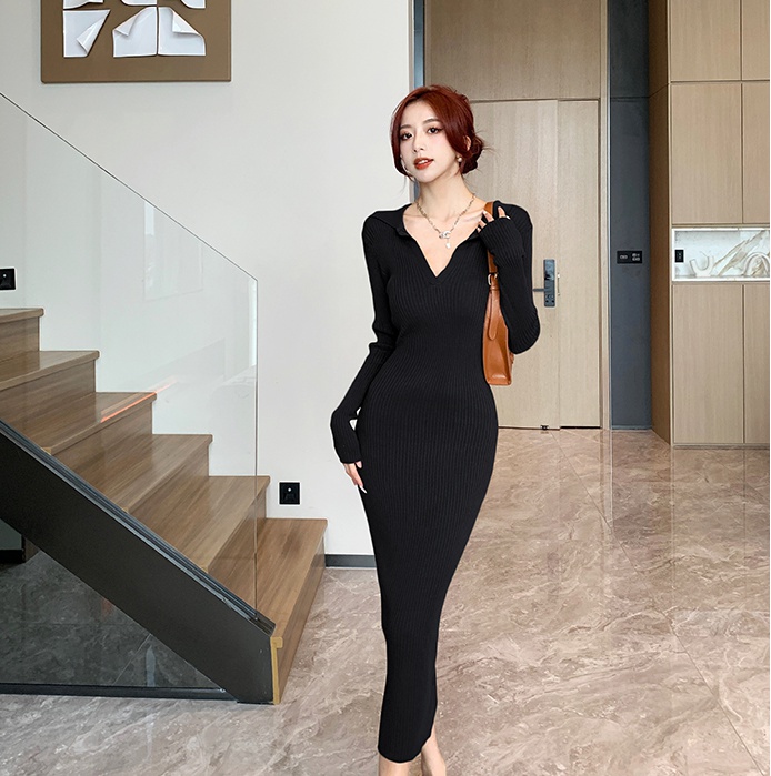 Long V-neck bottoming sweater dress tight knitted sexy dress