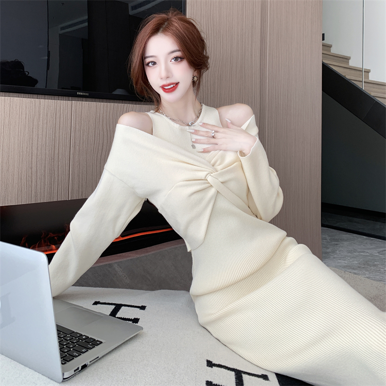 Retro strapless knitted Pseudo-two dress for women