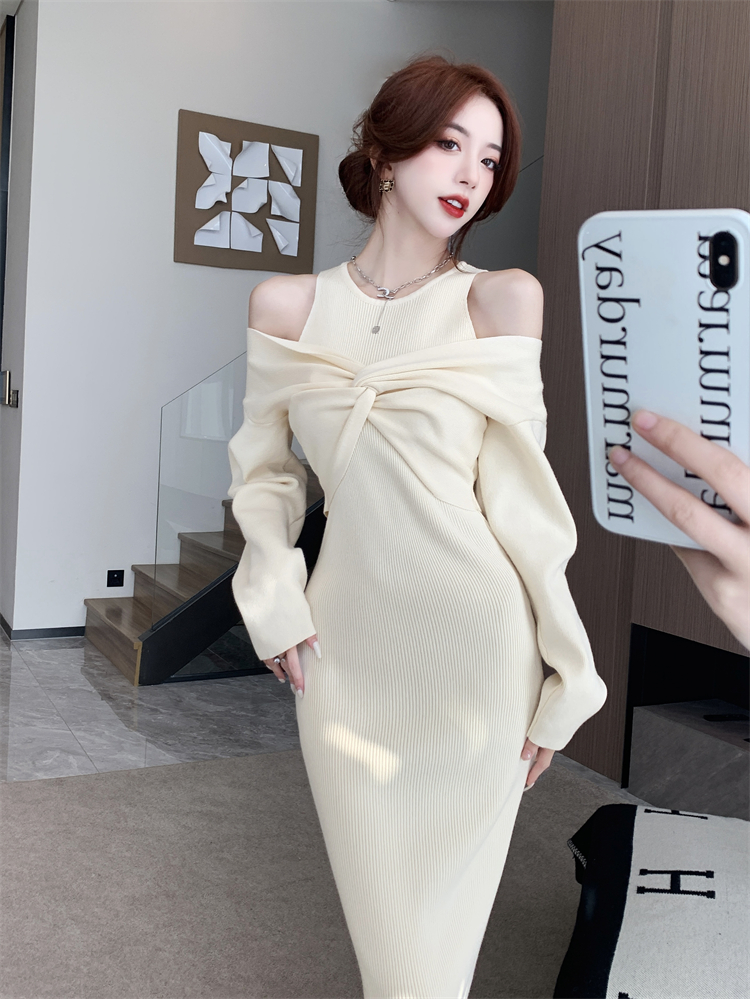 Retro strapless knitted Pseudo-two dress for women