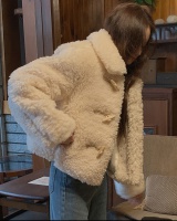 Horn buckle lambs wool Korean style lapel jacket for women
