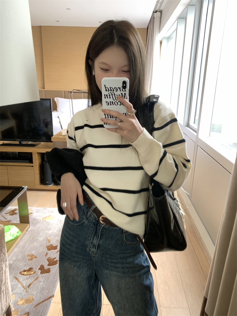 Stripe pullover shawl loose knitted sweater 2pcs set
