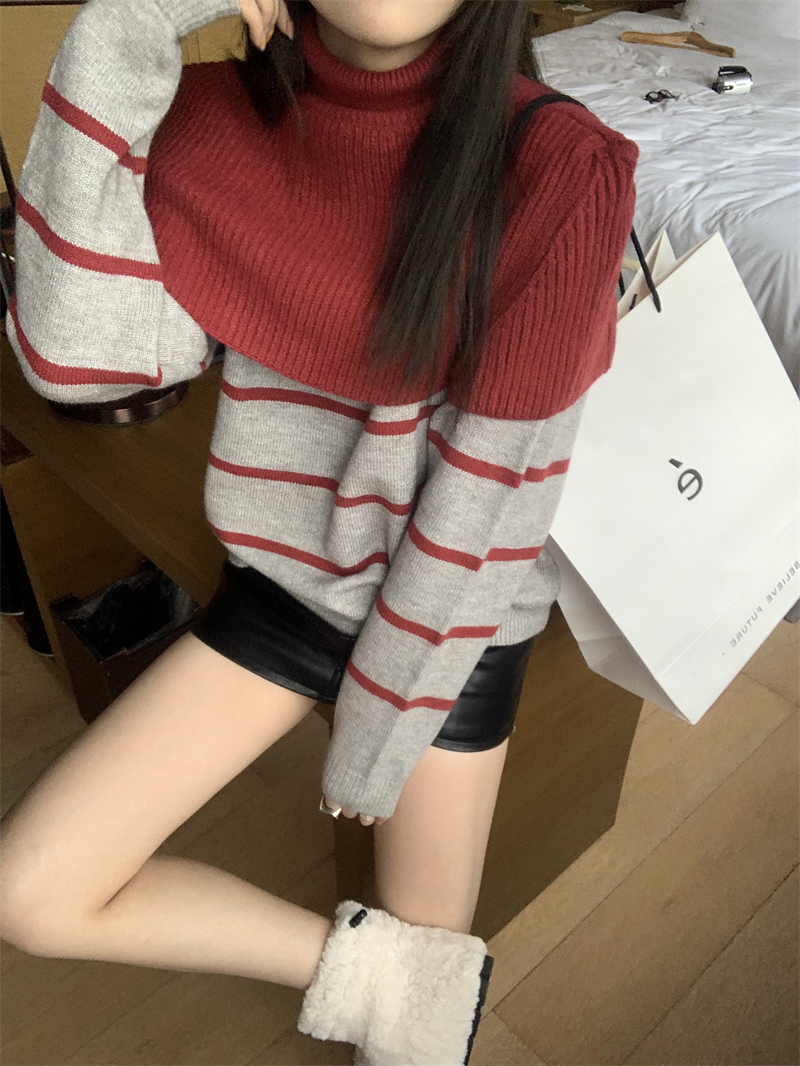 Stripe pullover shawl loose knitted sweater 2pcs set