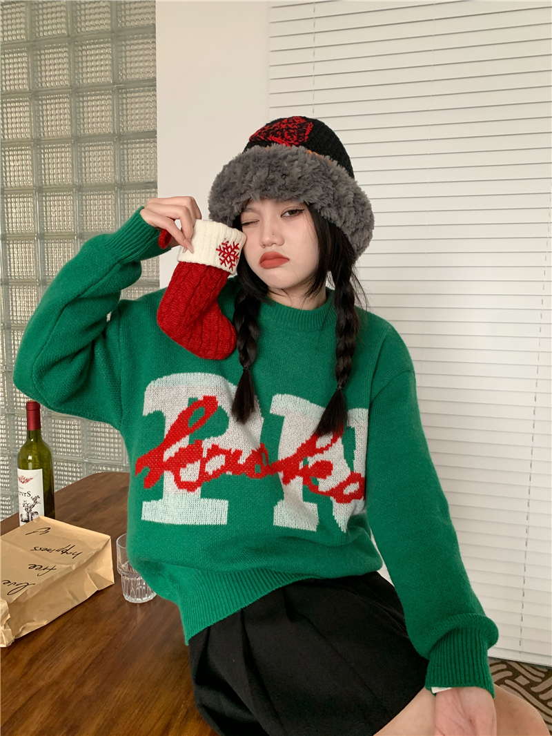 Lazy loose thick letters printing retro sweater