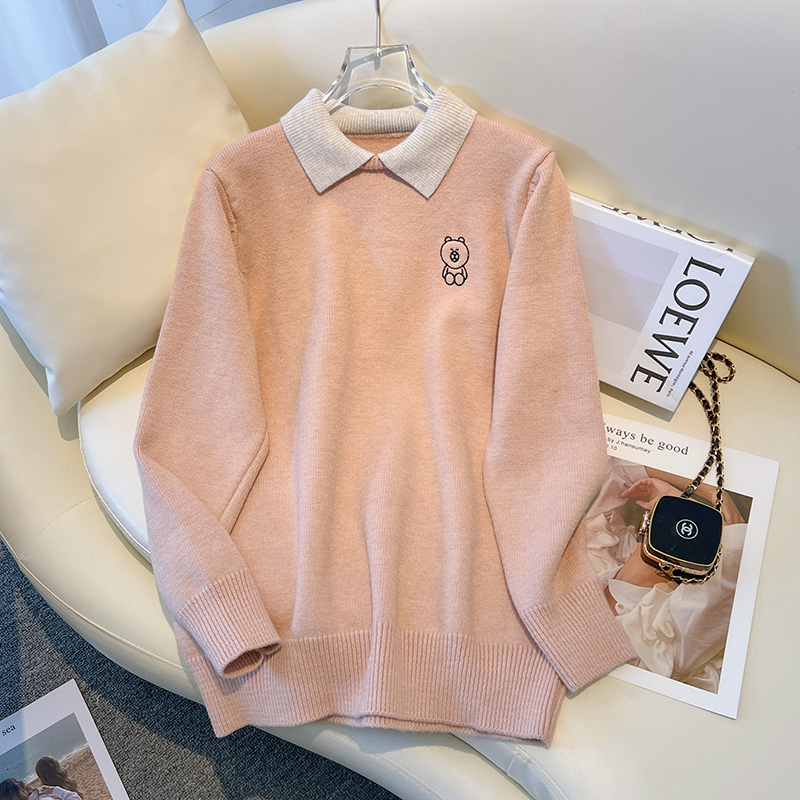 All-match embroidery tops student lapel sweater for women