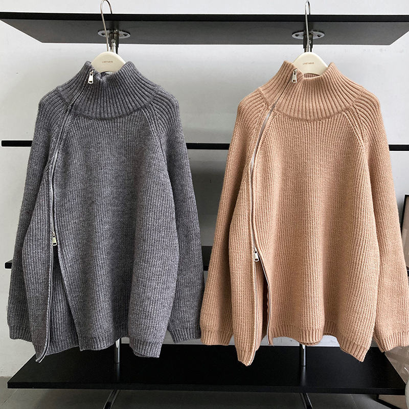 High collar lazy Casual oblique zipper sweater for women
