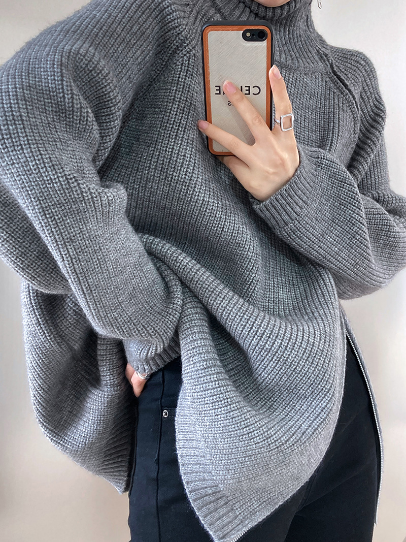High collar lazy Casual oblique zipper sweater for women