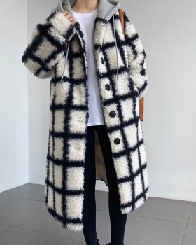 Plaid velvet jacket hooded loose overcoat for women