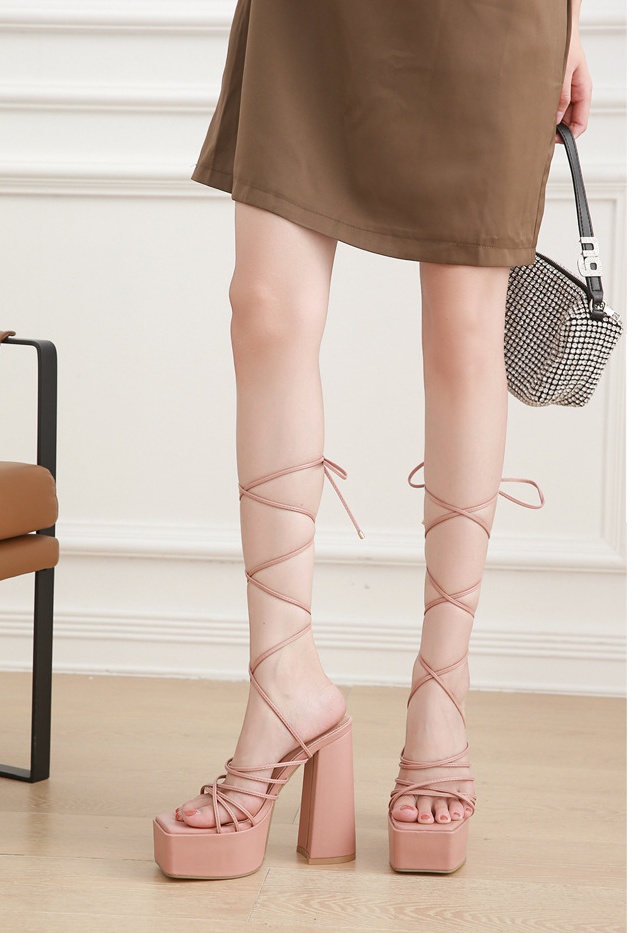 Thick high-heeled European style platform rome cross sandals