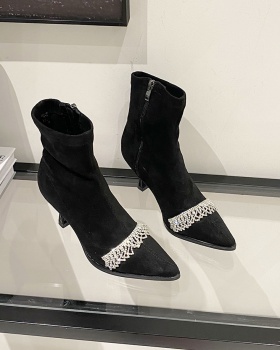 Rhinestone fine-root pointed European style boots for women