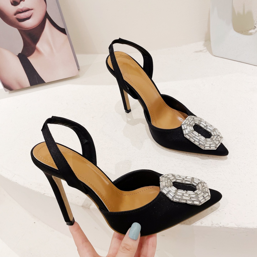 Fine-root pointed rhinestone buckle shoes for women