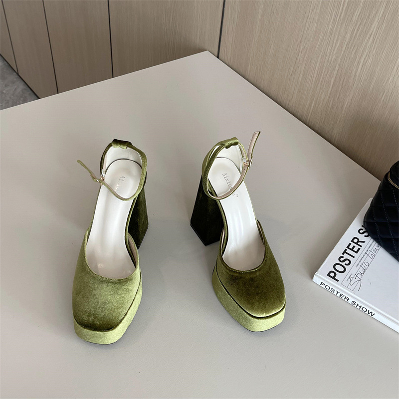 Low square head thick high-heeled four seasons shoes