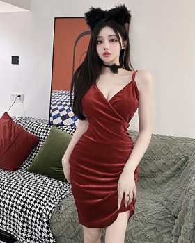 Wine-red low-cut velvet spicegirl dress for women