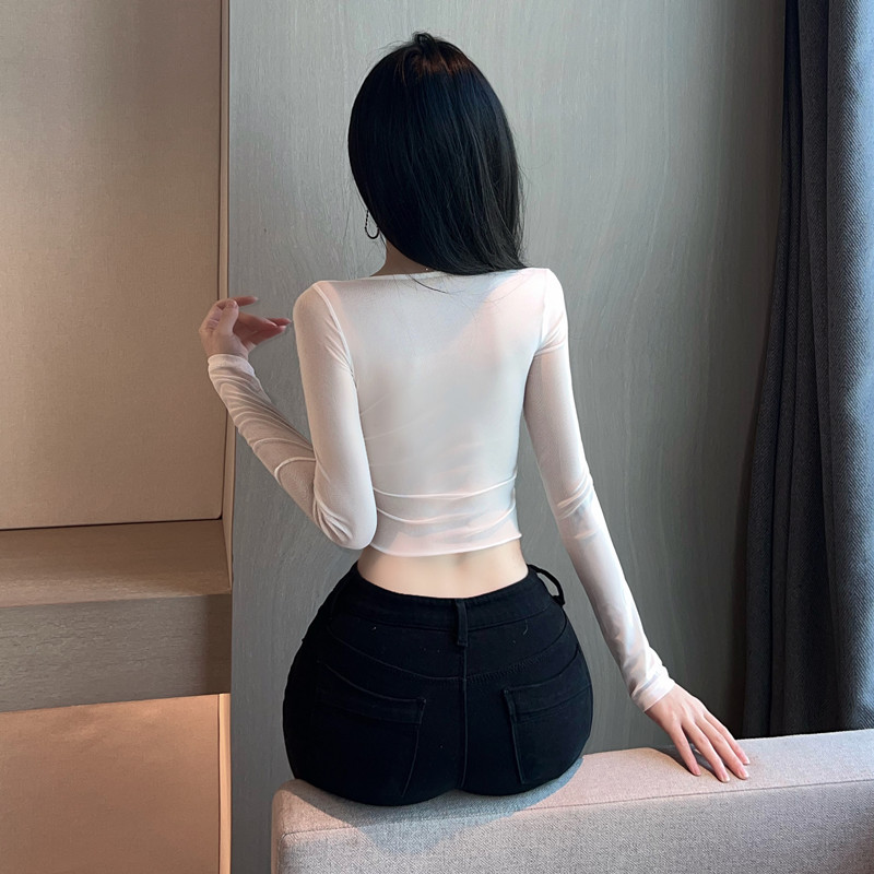 Lace gauze low-cut T-shirt slim sexy tops for women