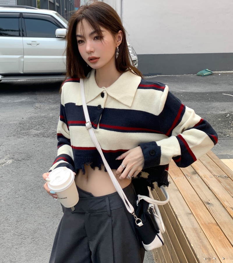 Lapel college stripe retro lazy sweater for women