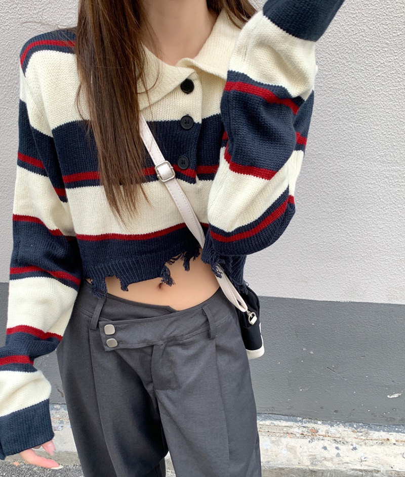 Lapel college stripe retro lazy sweater for women