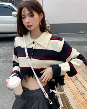 Lapel college stripe retro lazy sweater for women