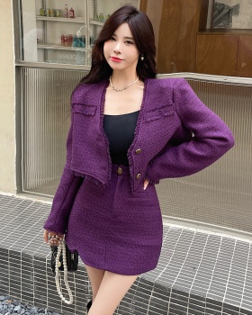 Purple long skirt coarse flower woolen coat 2pcs set