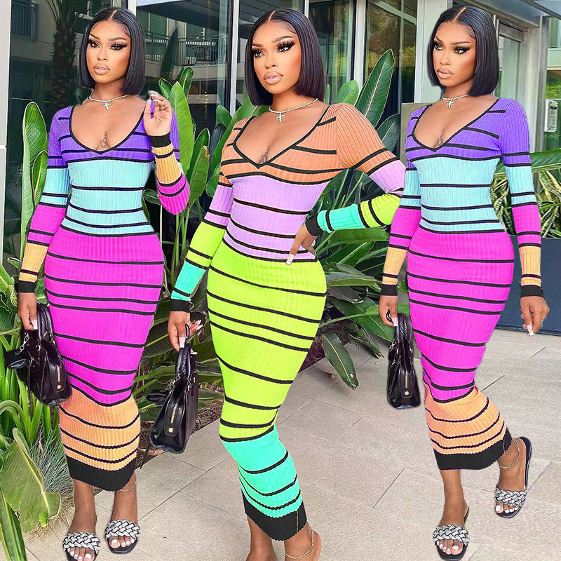 Sexy V-neck long dress stripe dress for women