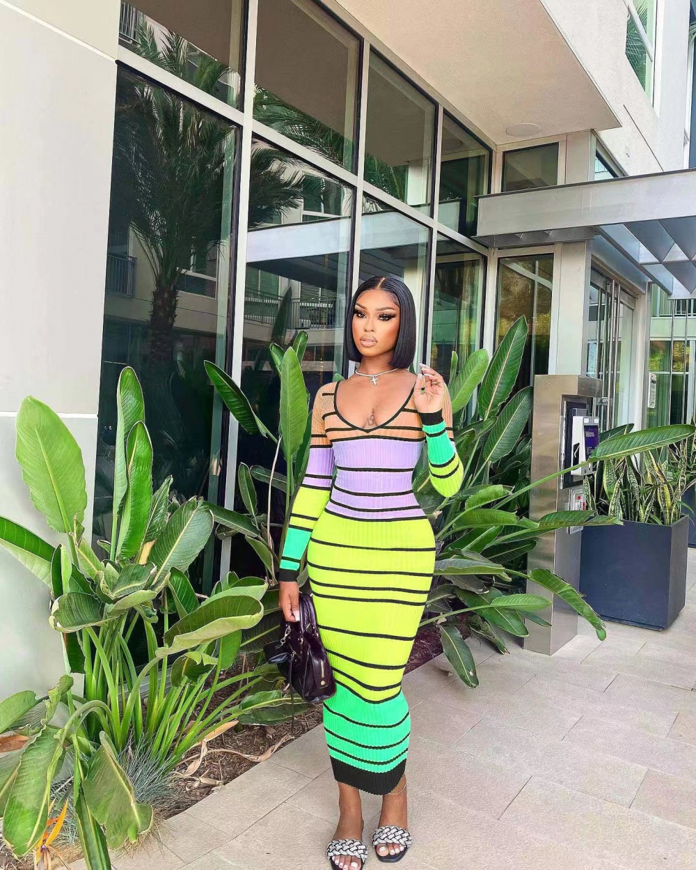 Sexy V-neck long dress stripe dress for women