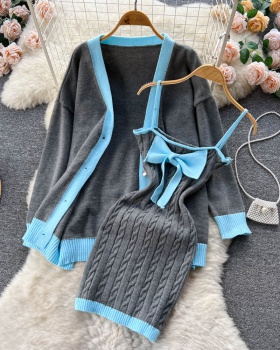 Bow twist dress lazy knitted cardigan 2pcs set for women