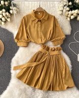Summer short sleeve short skirt pleated shirt 2pcs set