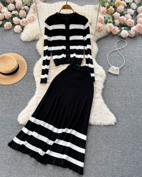 Stripe hollow cardigan big skirt Korean style skirt 2pcs set