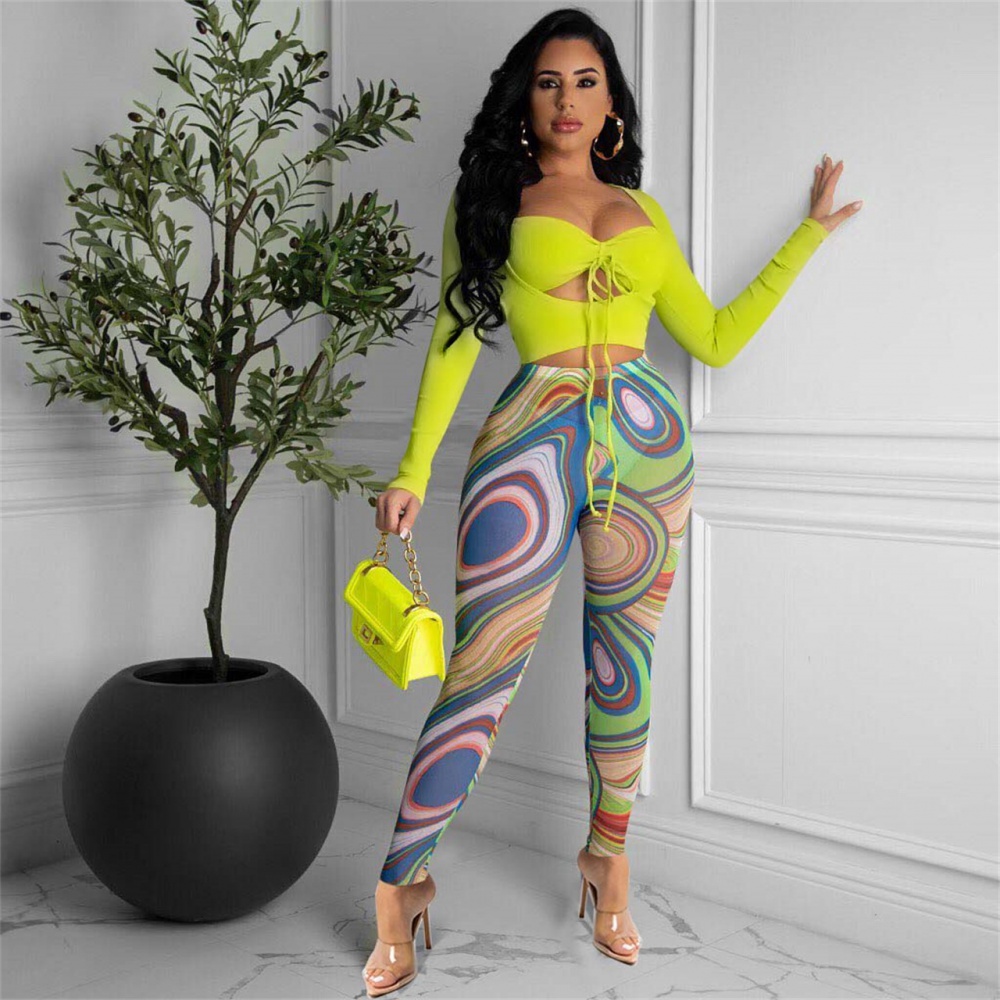 Sexy printing tops wrapped chest long pants 2pcs set for women