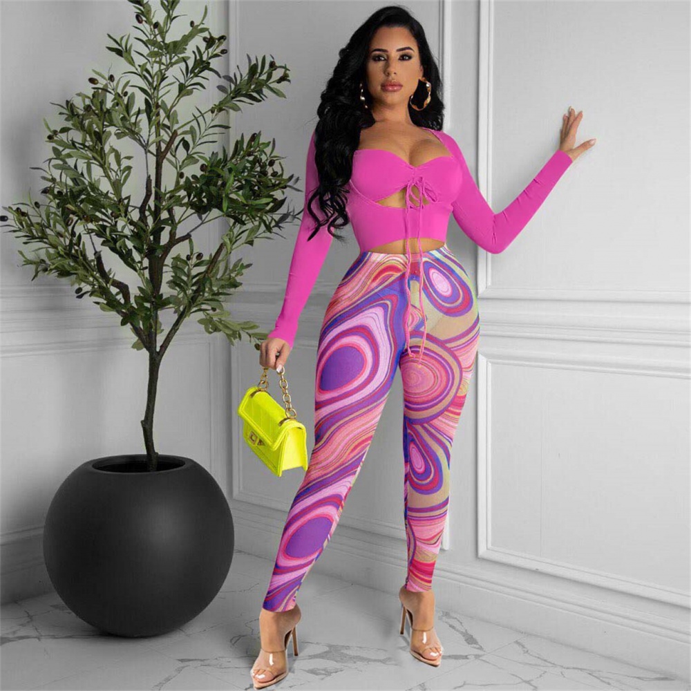 Sexy printing tops wrapped chest long pants 2pcs set for women