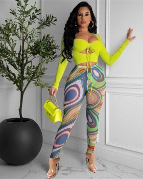 Sexy printing tops wrapped chest long pants 2pcs set for women