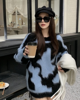 Round neck dyeing autumn and winter knitted plush pullover tops